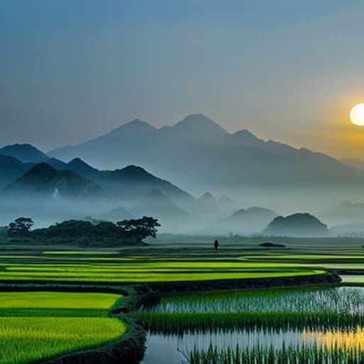 Misty Sunset Over Rice Fields, Digital Painting