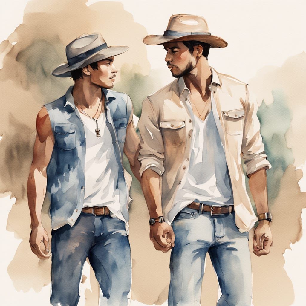 Two Muscular Men in Watercolor Style
