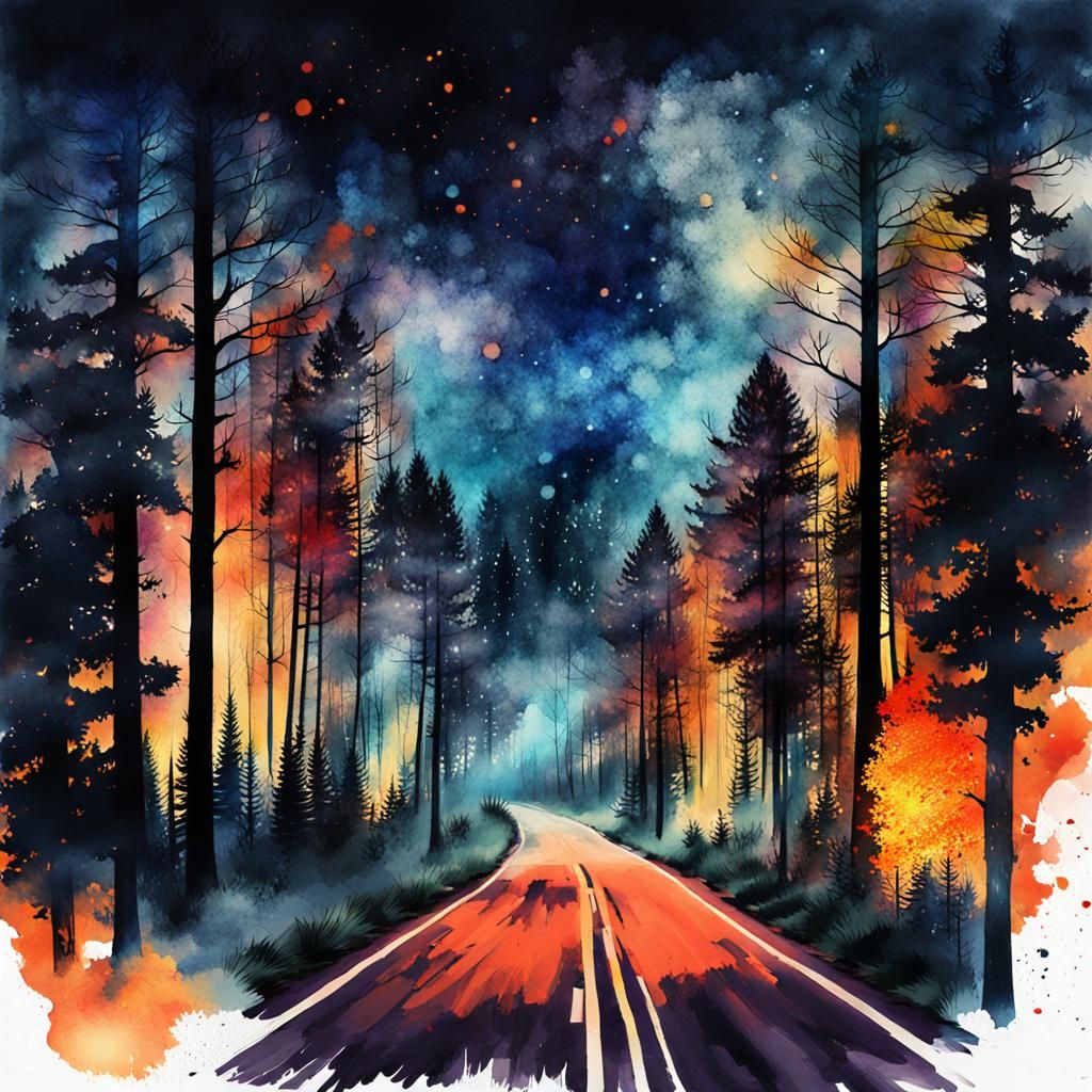 Fiery Forest Road at Night: Double Exposure Splash Art