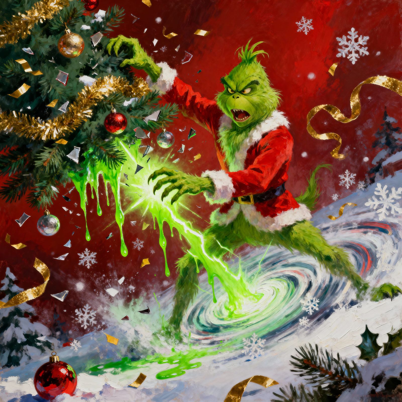 The Grinch Ruins Christmas Tree in Epic Oil Painting Style