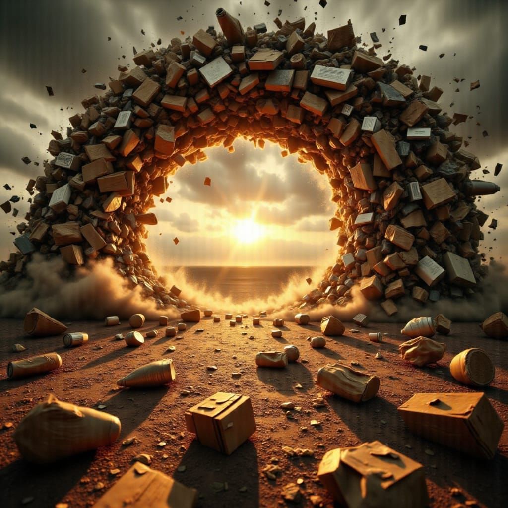 Hyper-Realistic Scene of Discarded Items Swirling into a Bla...