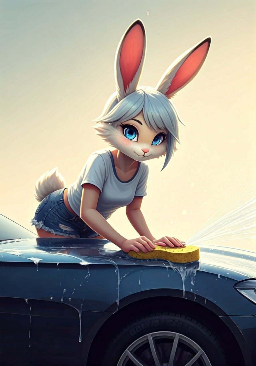 Rabbit Girl Car Wash in Whimsical Digital Art