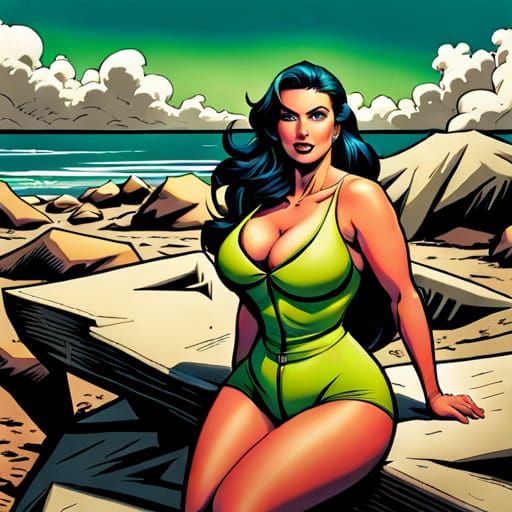 Curvy Woman in Green Bikini, Comic Book Art
