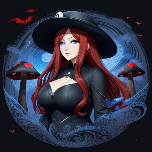 Anime Mushroom Woman in Magic Forest at Night