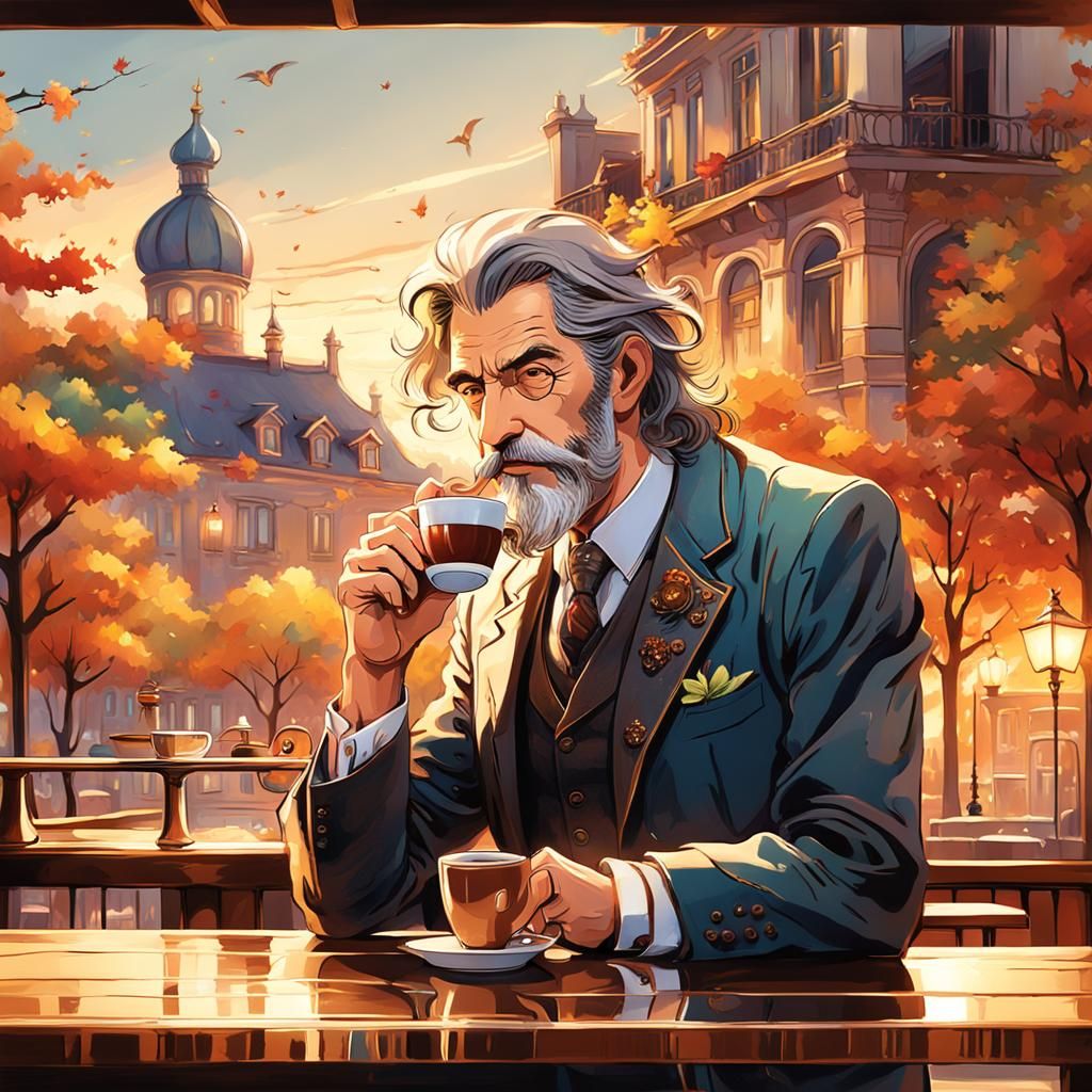 Italian Man Sips Espresso in Anime Style