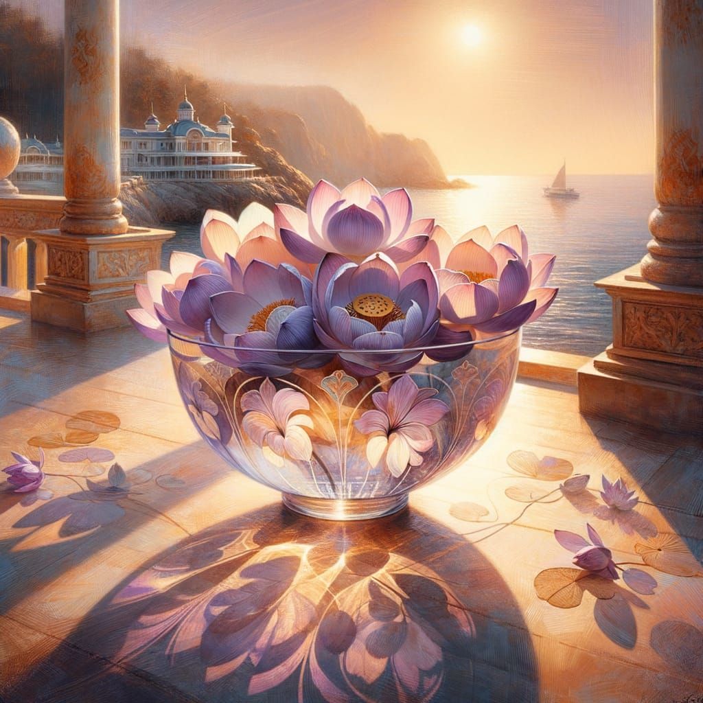 Khokhloma Watercolor Lotus Flowers in Glass Bowl