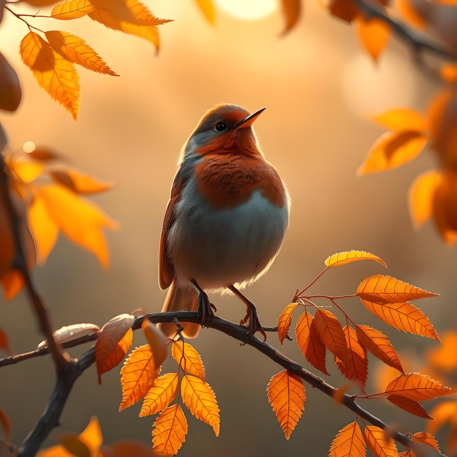 Robin Whistling in Autumn Glow: Photorealistic Art