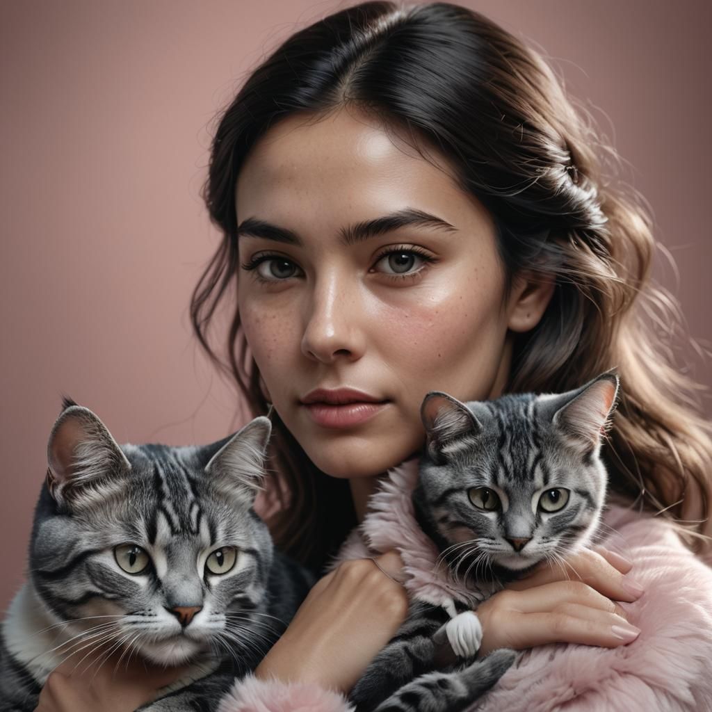 Woman with Cat Portrait in Hyper-Realistic 3D