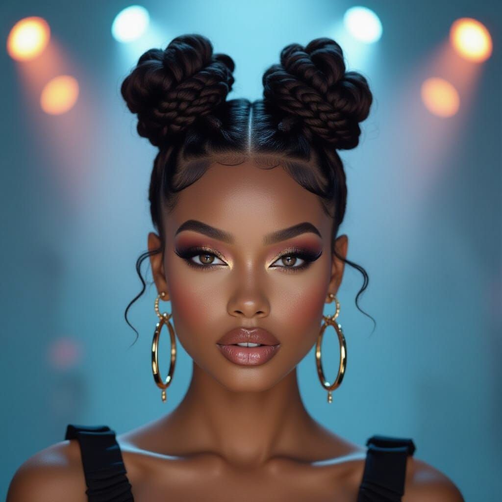 Fashionable Black Woman in Bantu Knots and Cat-Eye Makeup