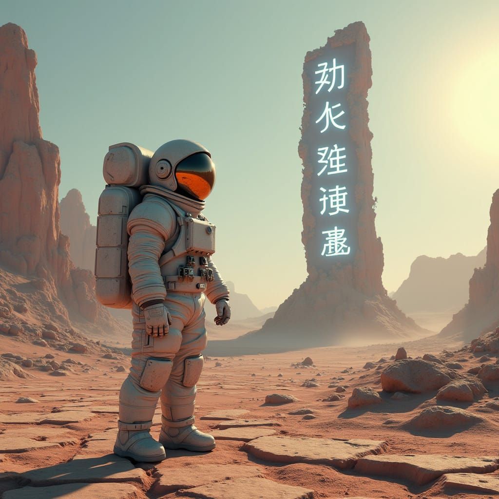 Astronaut in Desert Valley Landscape, Cyberpunk Inspired