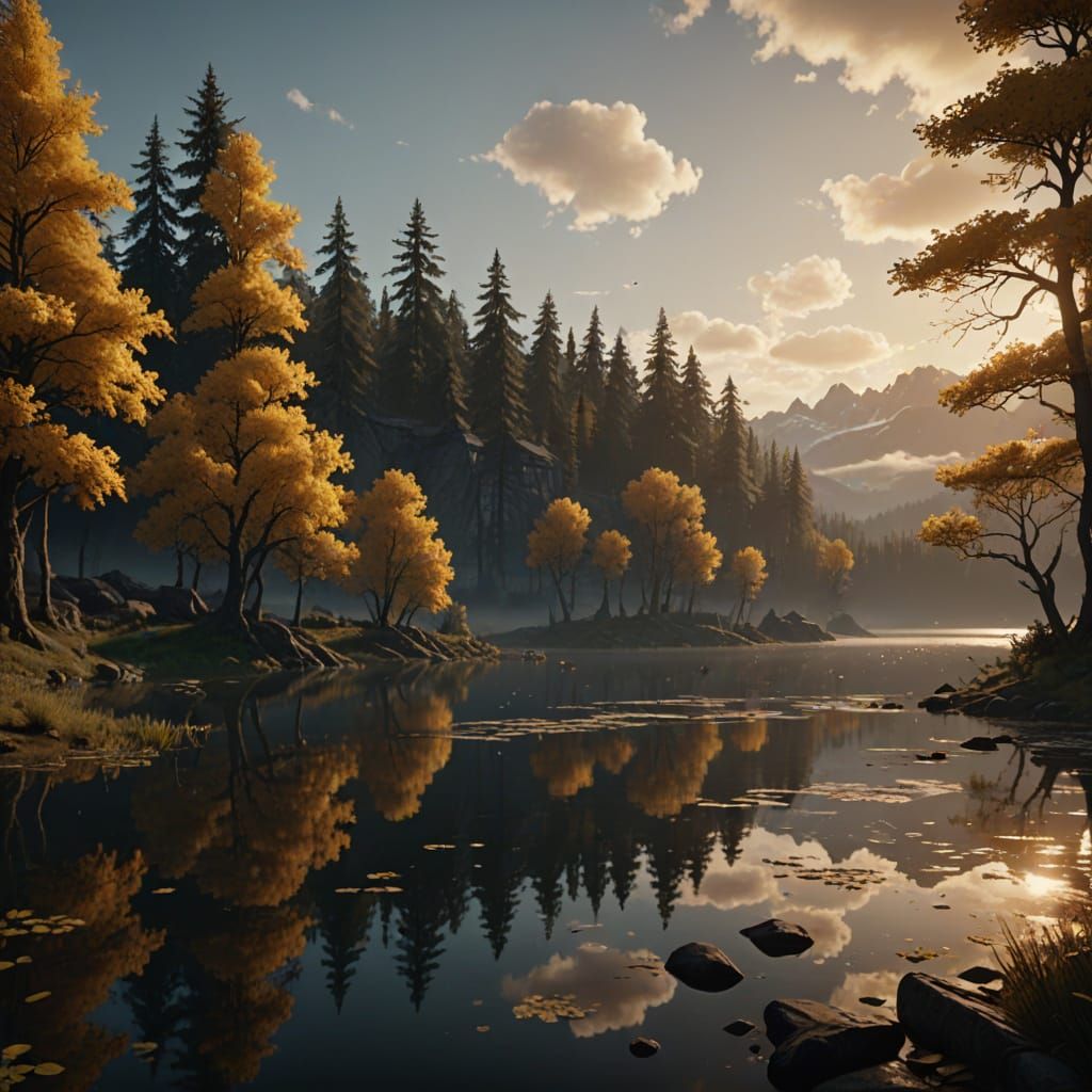 Serene Lake at Sunrise in Fantasy Art Style