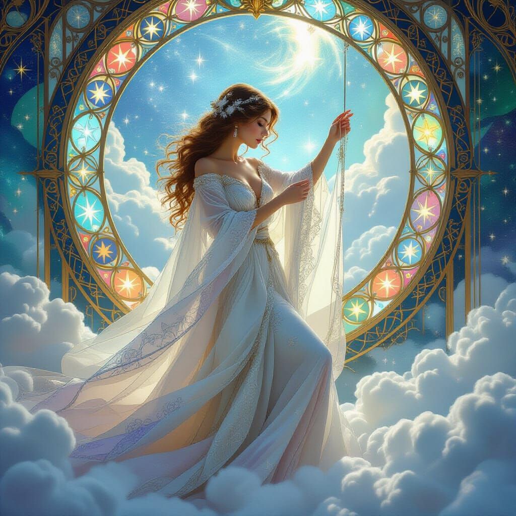 Ethereal Seamstress Weaving Starlight Gowns in Art Nouveau S...