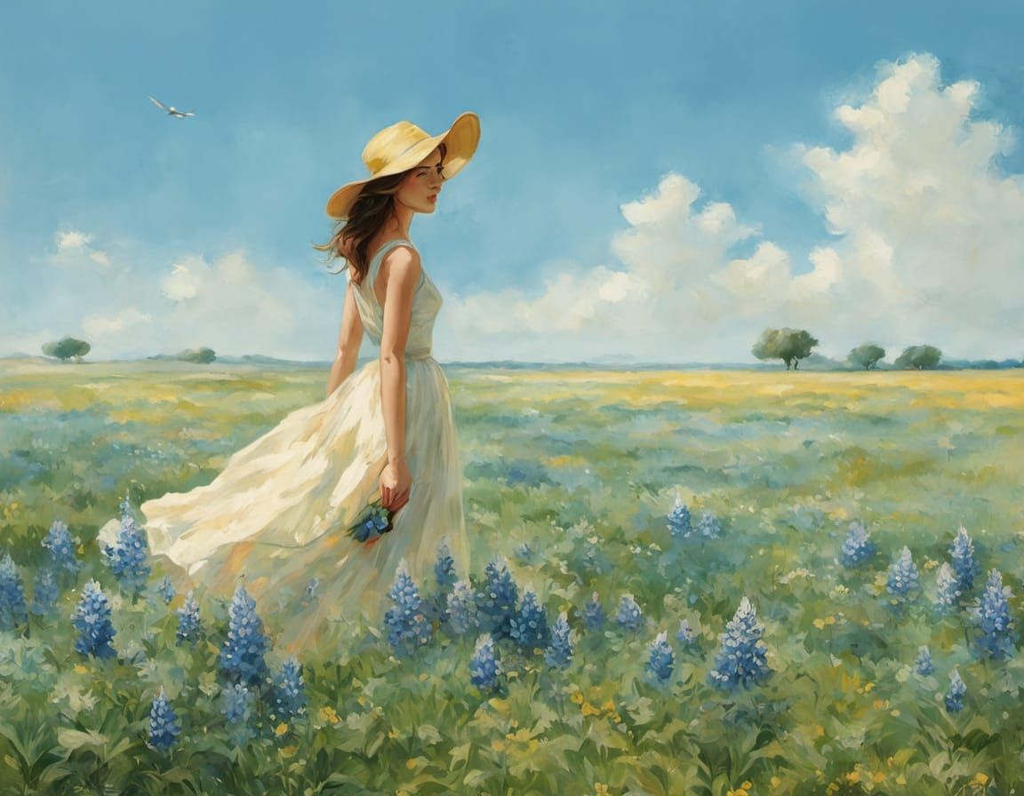 Impressionist Landscape of Vibrant Bluebonnets in Rolling Hi...