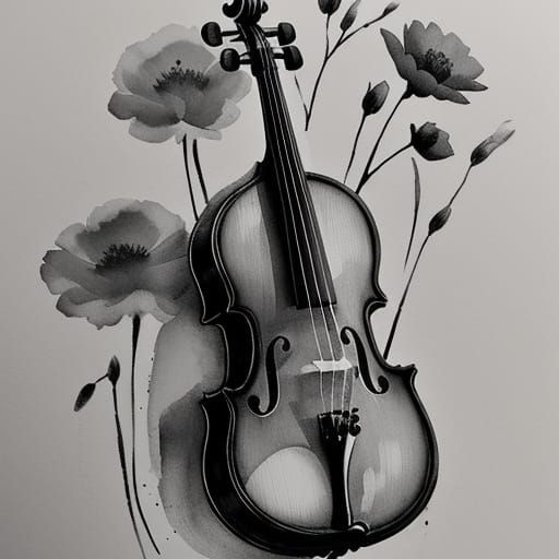 Ink Wash Painting: Cello Among Flowers