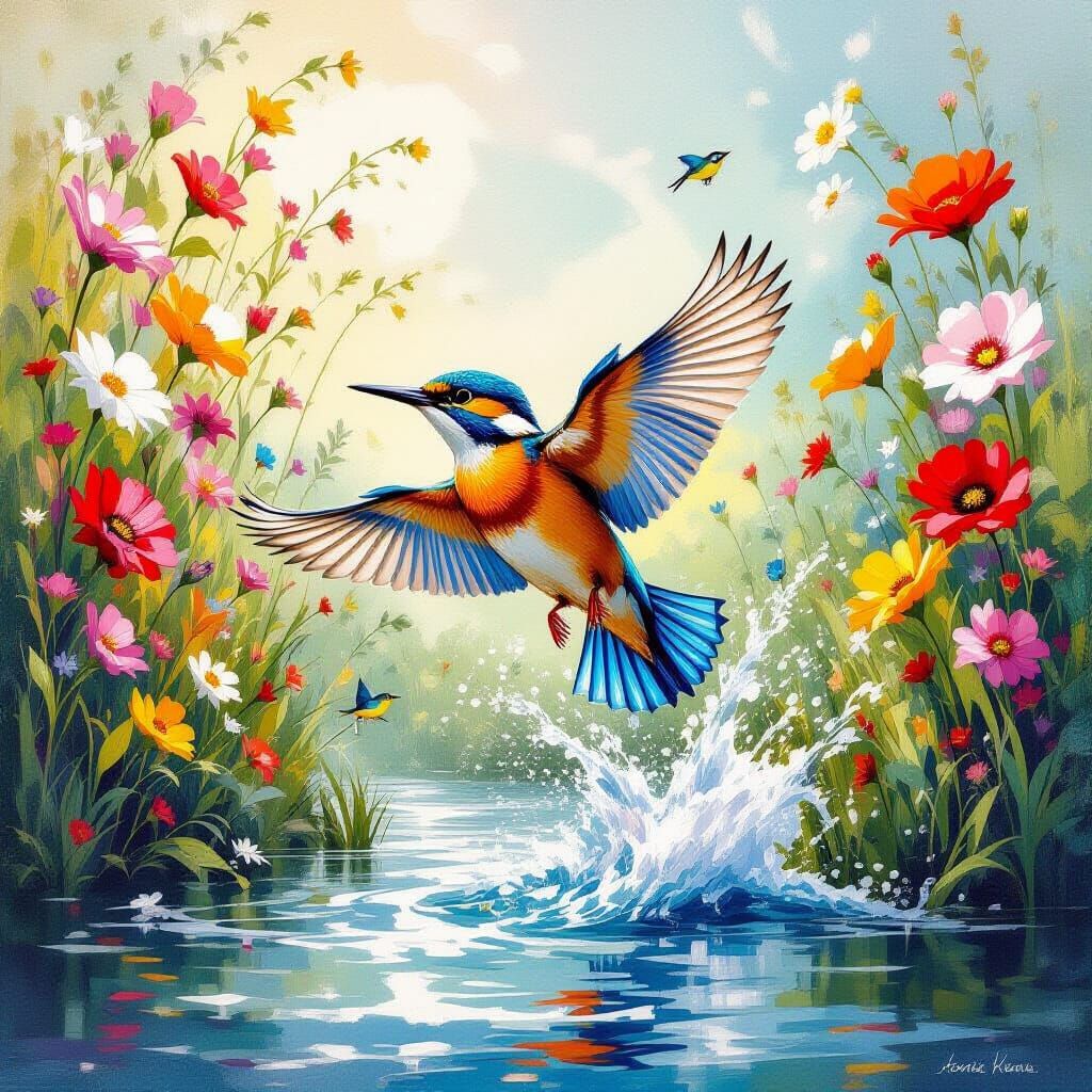 Kingfisher Dives for Fish in Fairytale Floral Landscape