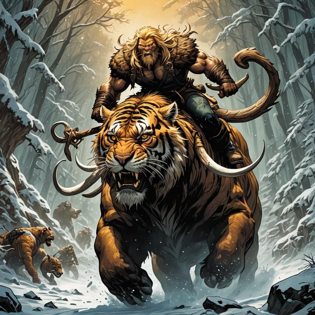 Sabretooth Tiger Rides Mammoth in Comic Book Art