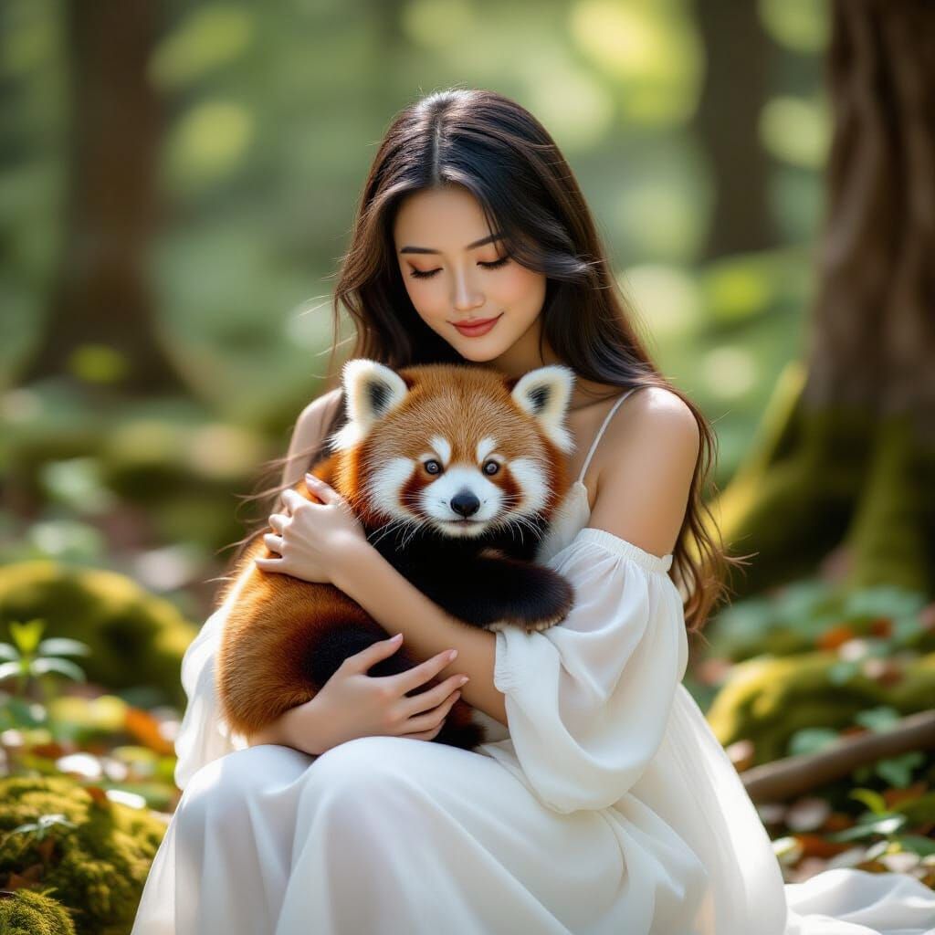 Asian Woman Gently Holds Red Panda in Sunlit Forest