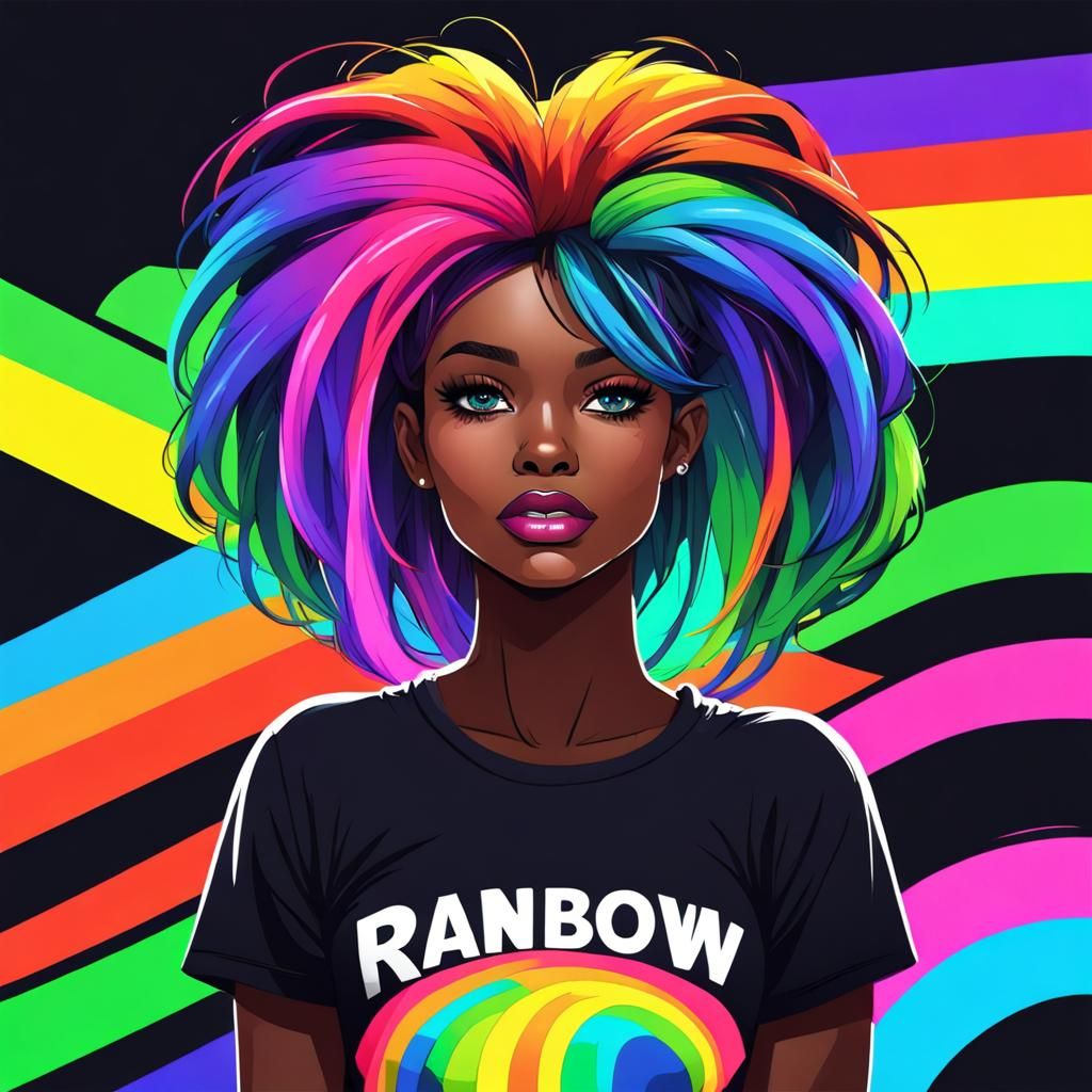 Black girls with Rainbow tshirt , background neon, colorful hair, dark skin girls cute