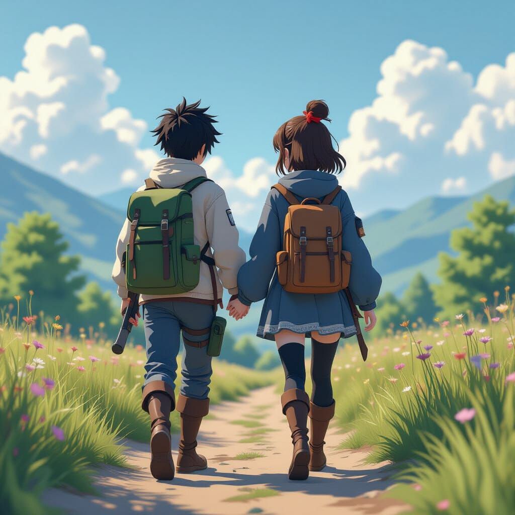 Anime Companion Shares Burden in Serene Landscape