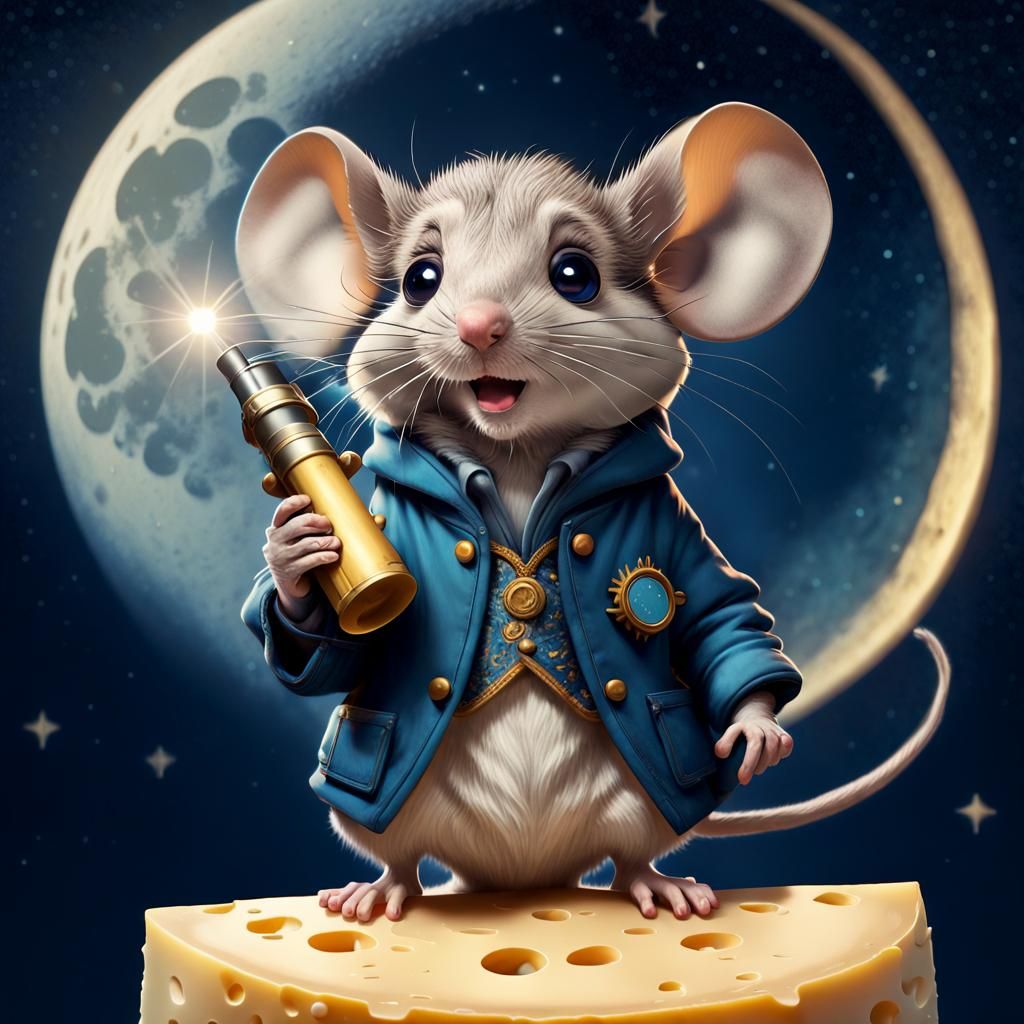 Mouse on Cheese Moon in Art Nouveau Style