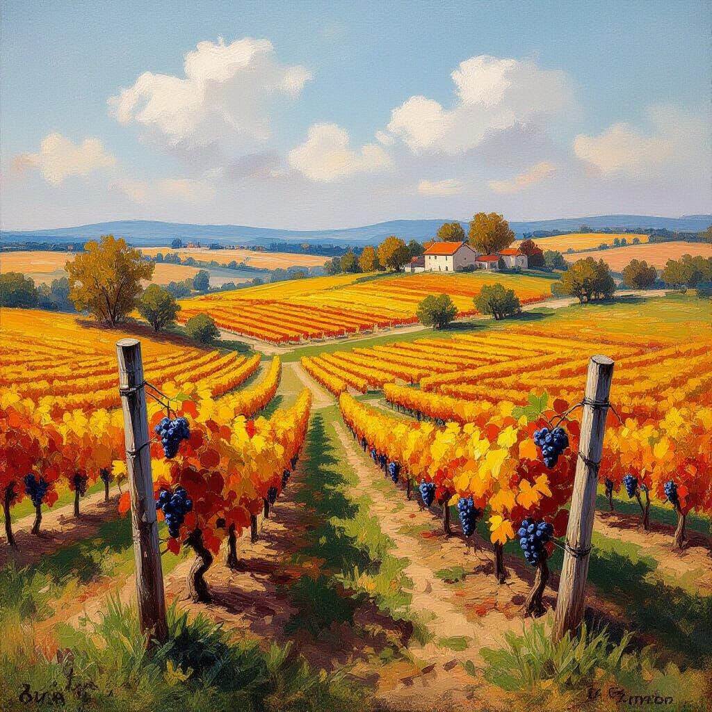 Autumn Vineyard Landscape in Impressionist Style
