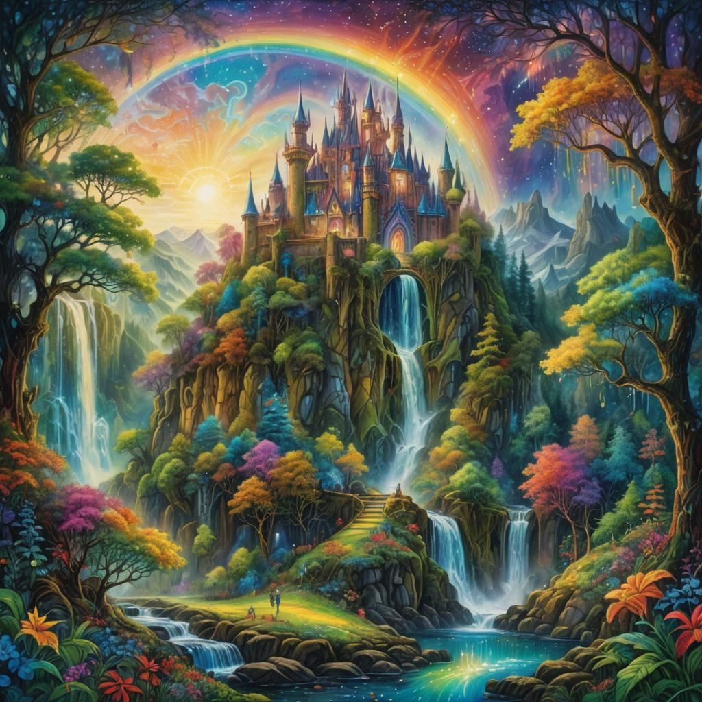 Fantasy Fairytale Landscape with Rainbow Waterfall
