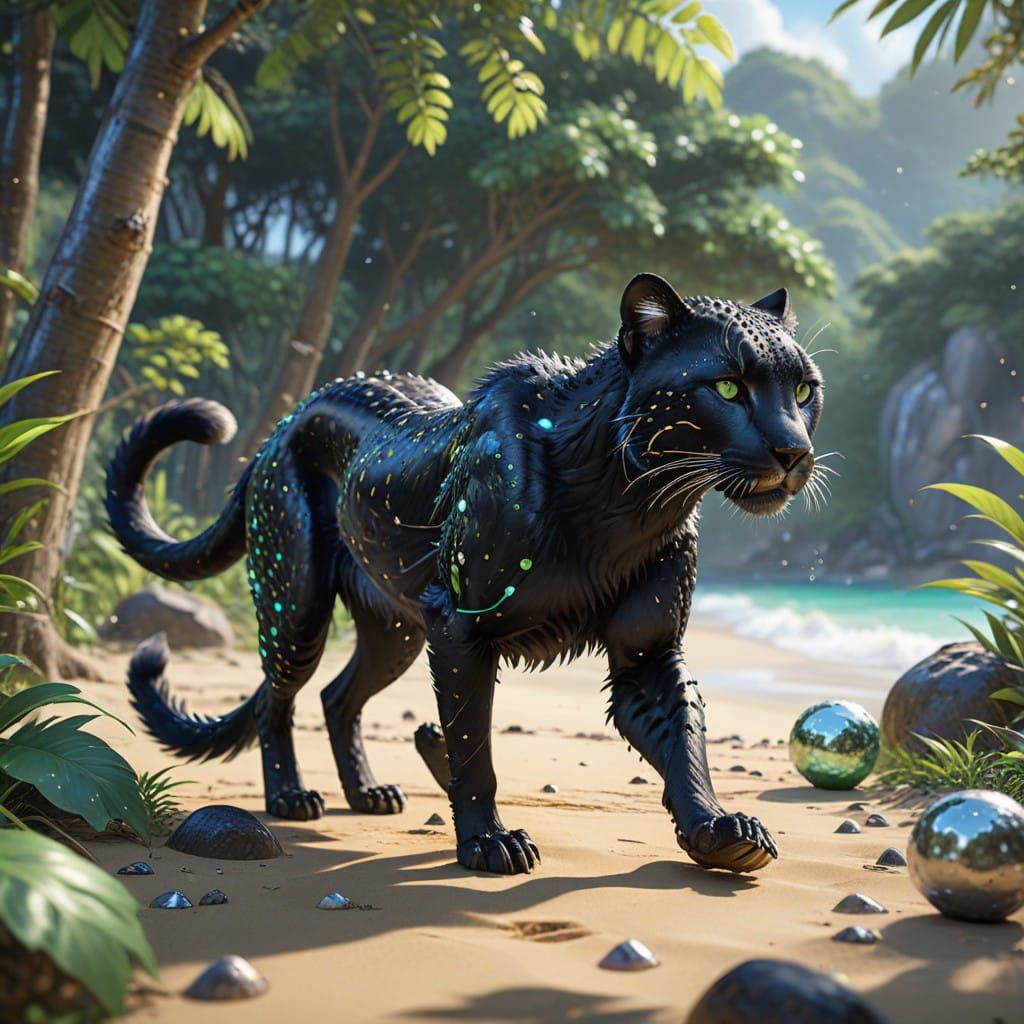 Whimsical Black Cheetah Amidst Tropical Paradise with Diamon...