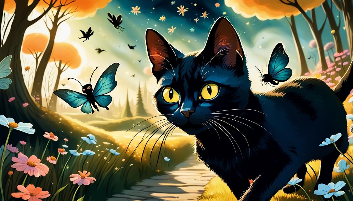 Playful Black Cat Chasing Fairies in Don Bluth Style