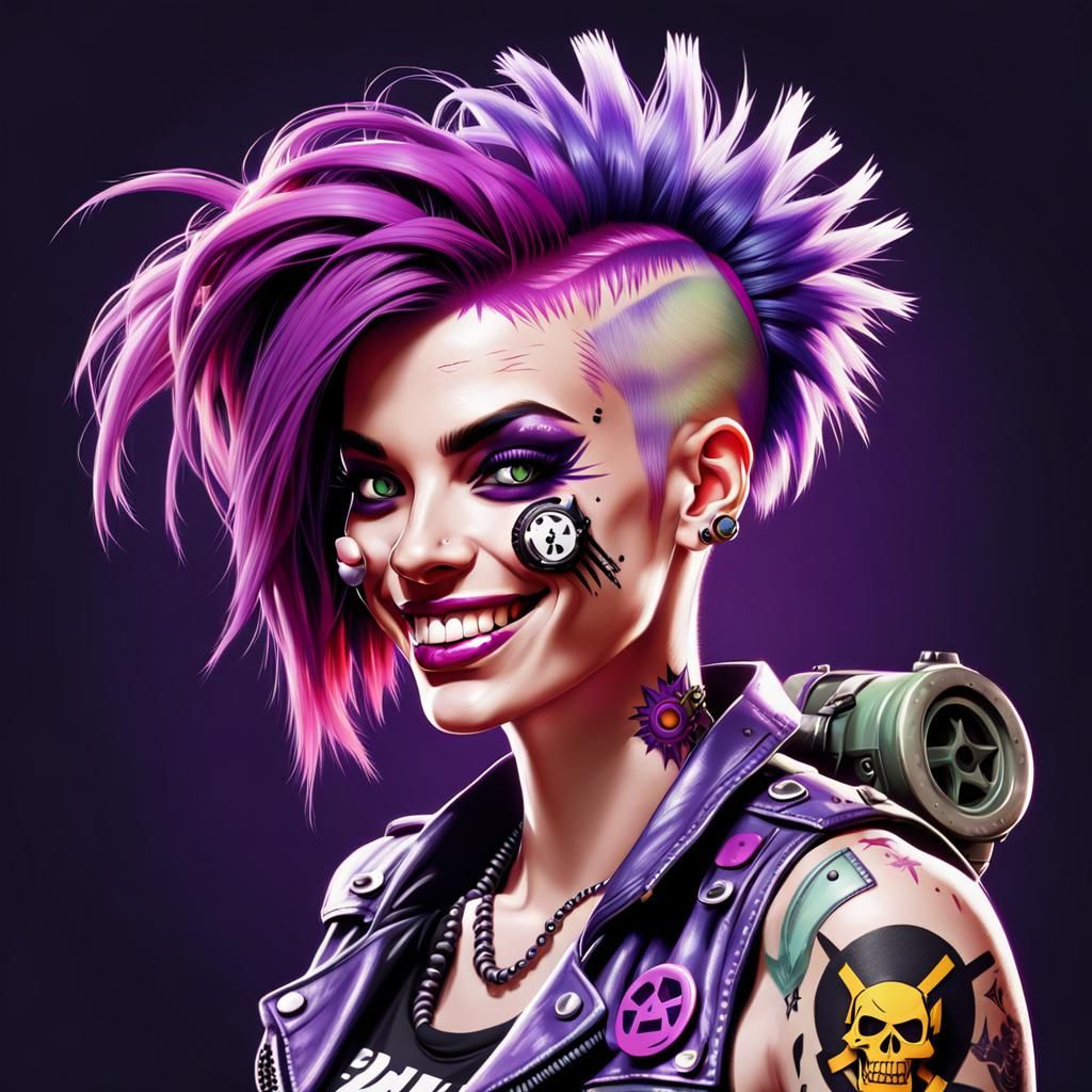 A bright illustration in the style of punk rock depicting a tank girl, a rebel with bright purple hair, she smiles, 3D l...