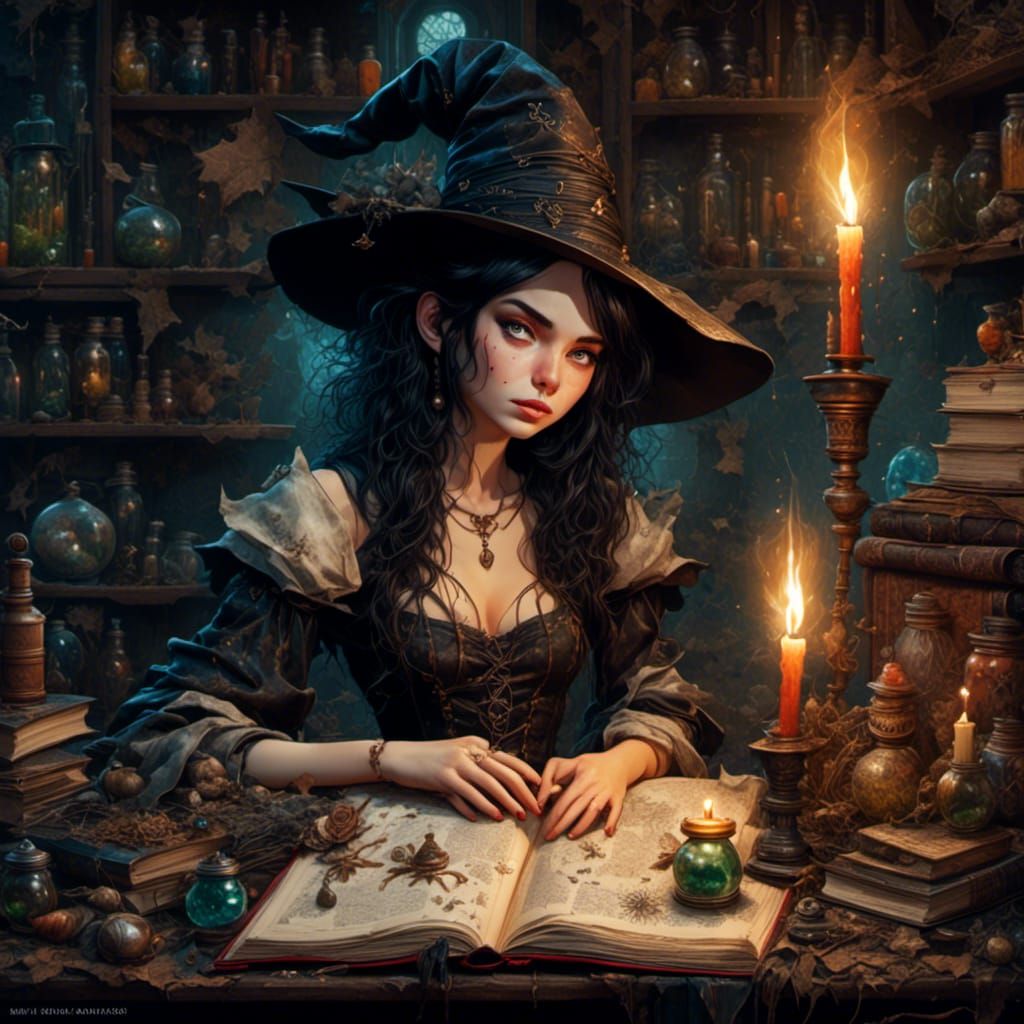Enchanting Witch Casting Spells: Mixed Media Art
