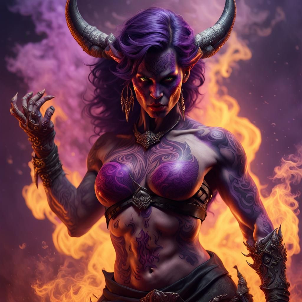 Purple Tattooed Demon in Smoky Fantasy Art