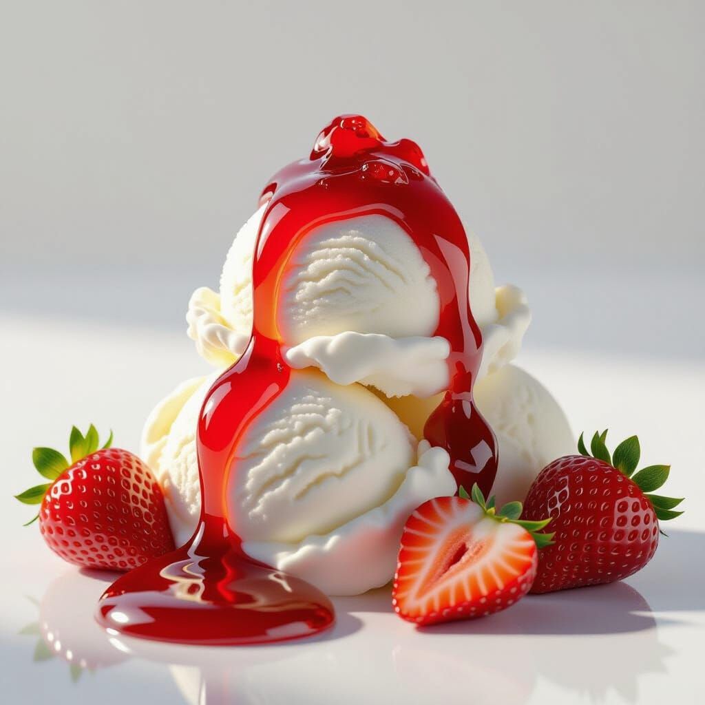Strawberry Jam Cascade Over Ice Cream, Hyperrealistic