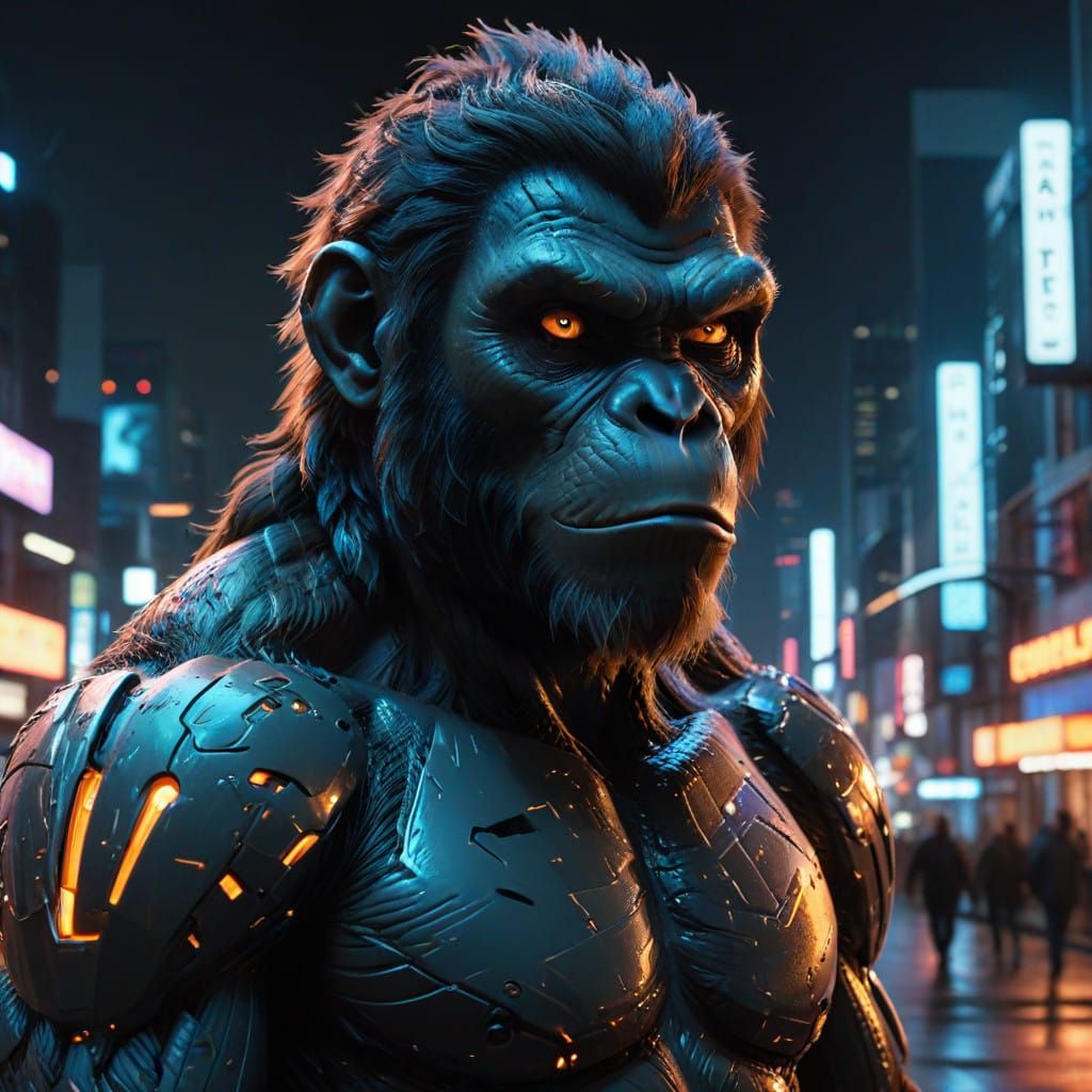 Thoughtful Ape in Futuristic Metropolis