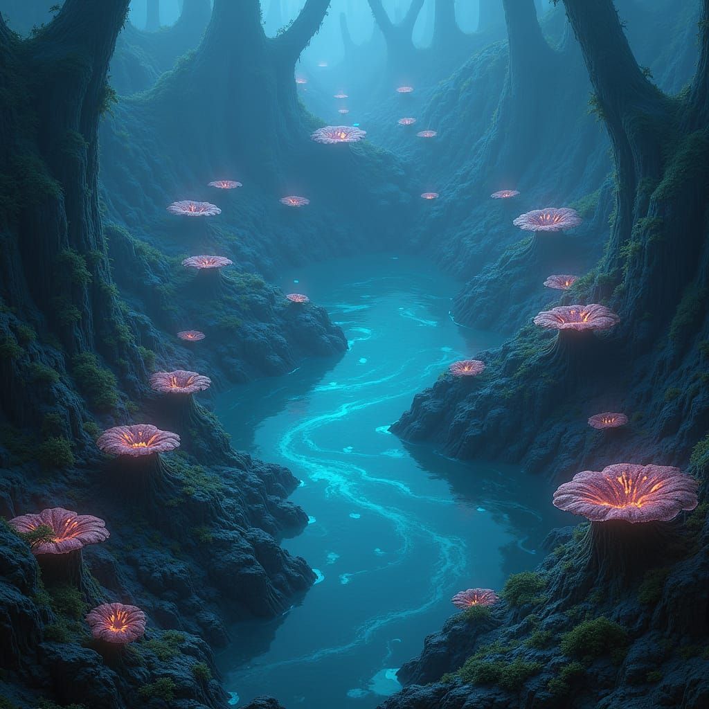 Isometric Underdark Lake with Bioluminescent Plants