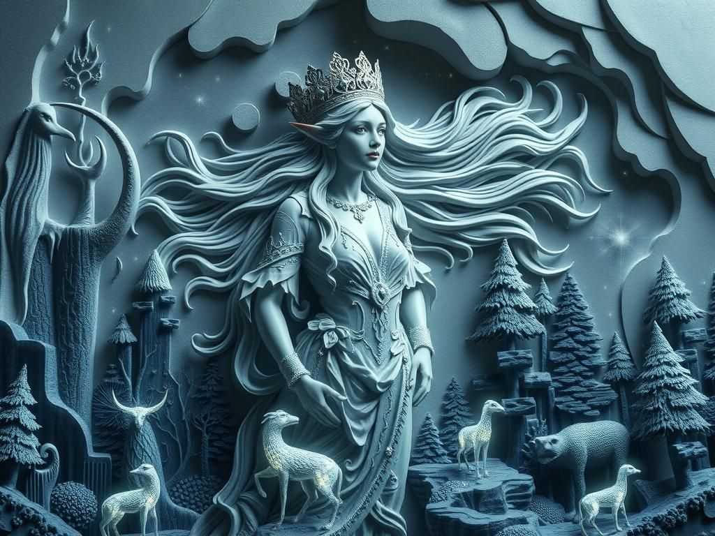 Ethereal Elven Queen in Enchanted Forest, Digital Oil Painti...