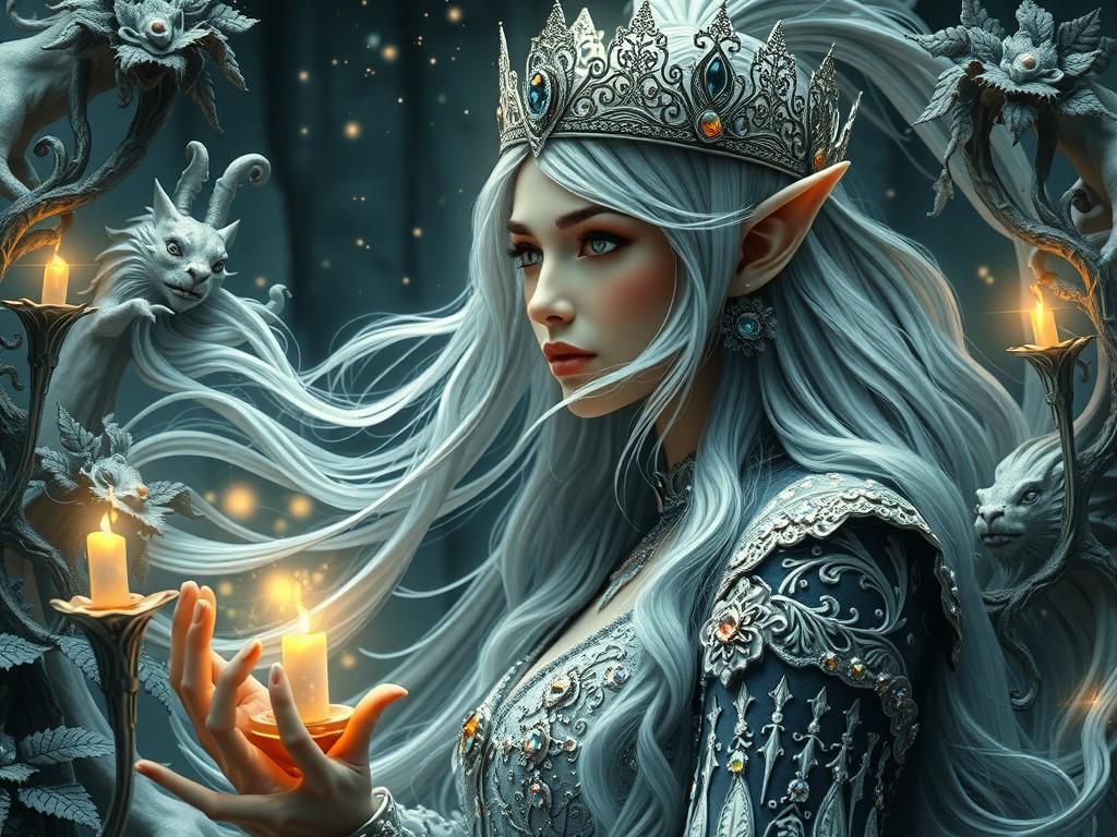 Ethereal Elven Queen in Enchanted Forest Scene