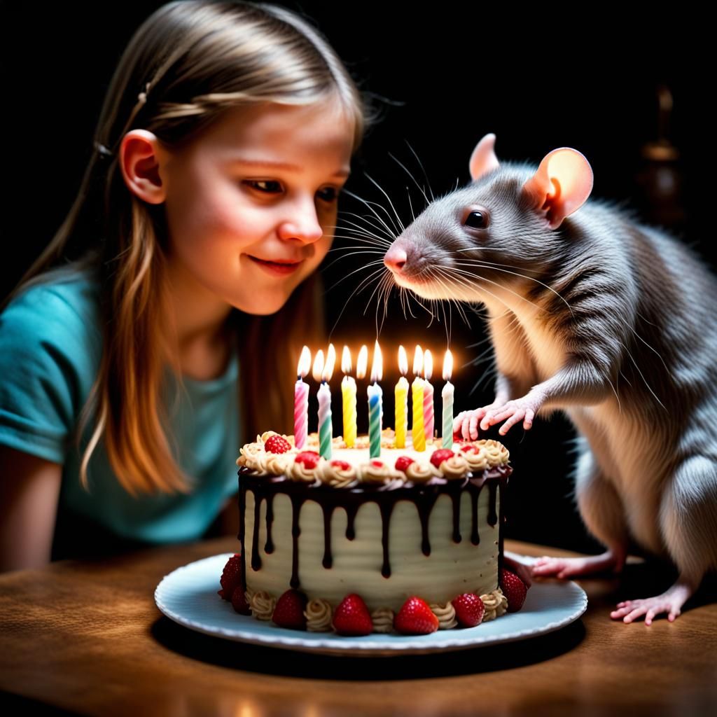 Rat Gives Girl Birthday Cake: Hyperrealistic Image