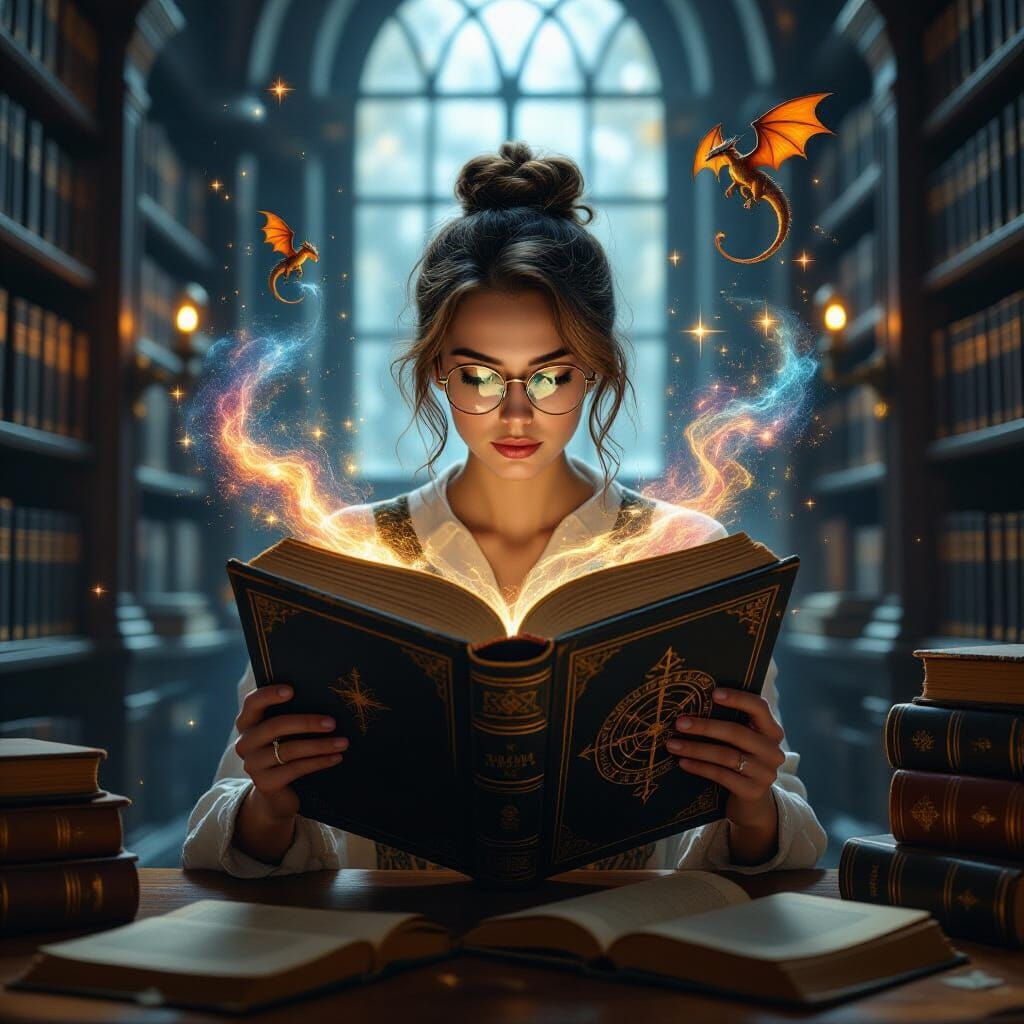 Enchanting Library Scene with Magical Book