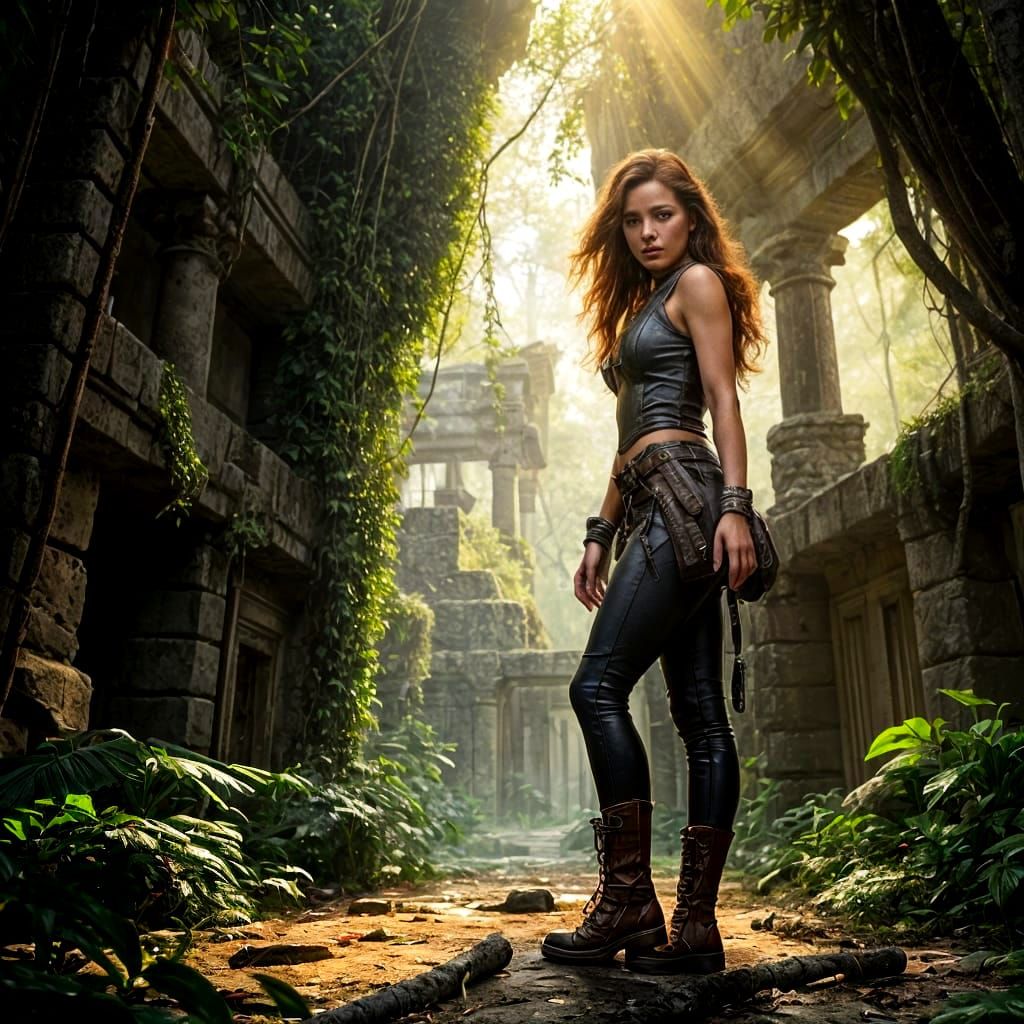 Female Explorer Amidst Ancient Jungle Ruins