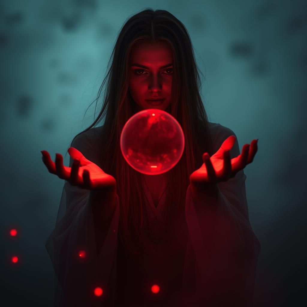 Sorceress with Glowing Sphere in Dim Fog