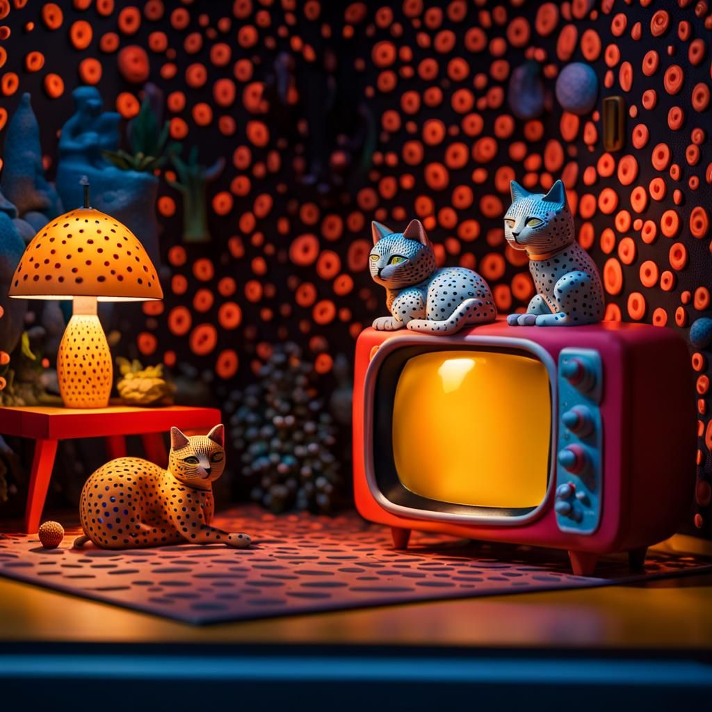 Cat Nap on TV in Kusama-Inspired Diorama