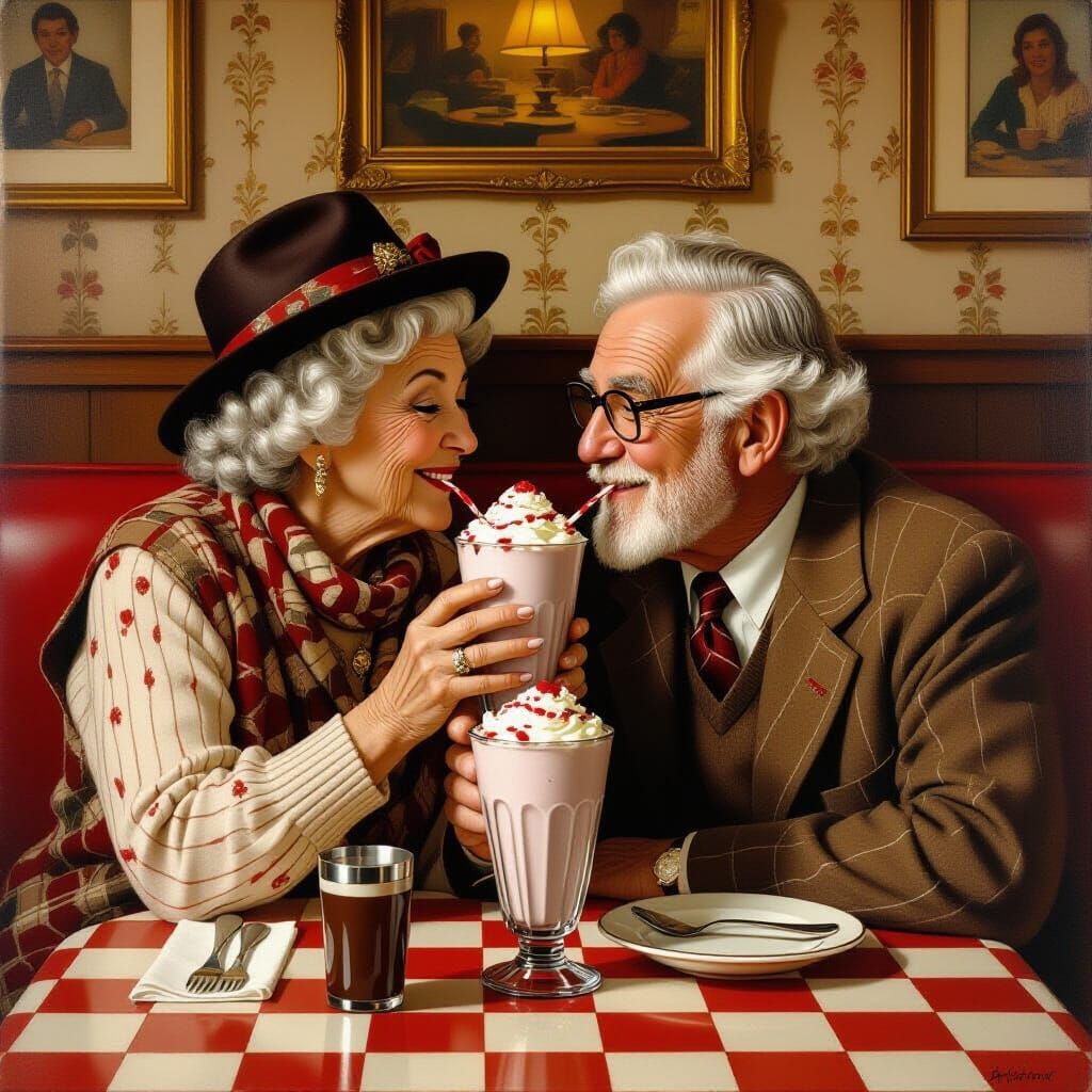 Elderly Couple Enjoys Chocolate Milkshake in Vintage Diner