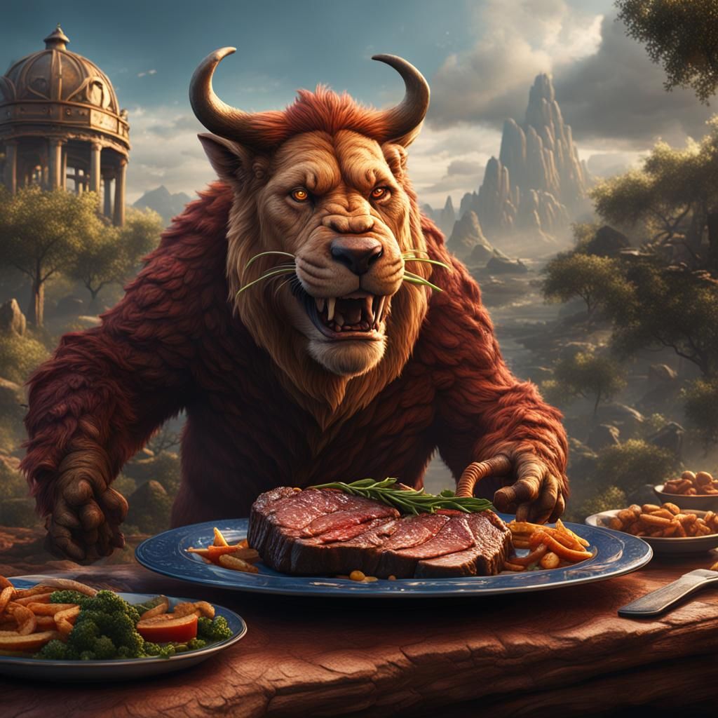 Werelion's Steak Dinner: Detailed Fantasy Art