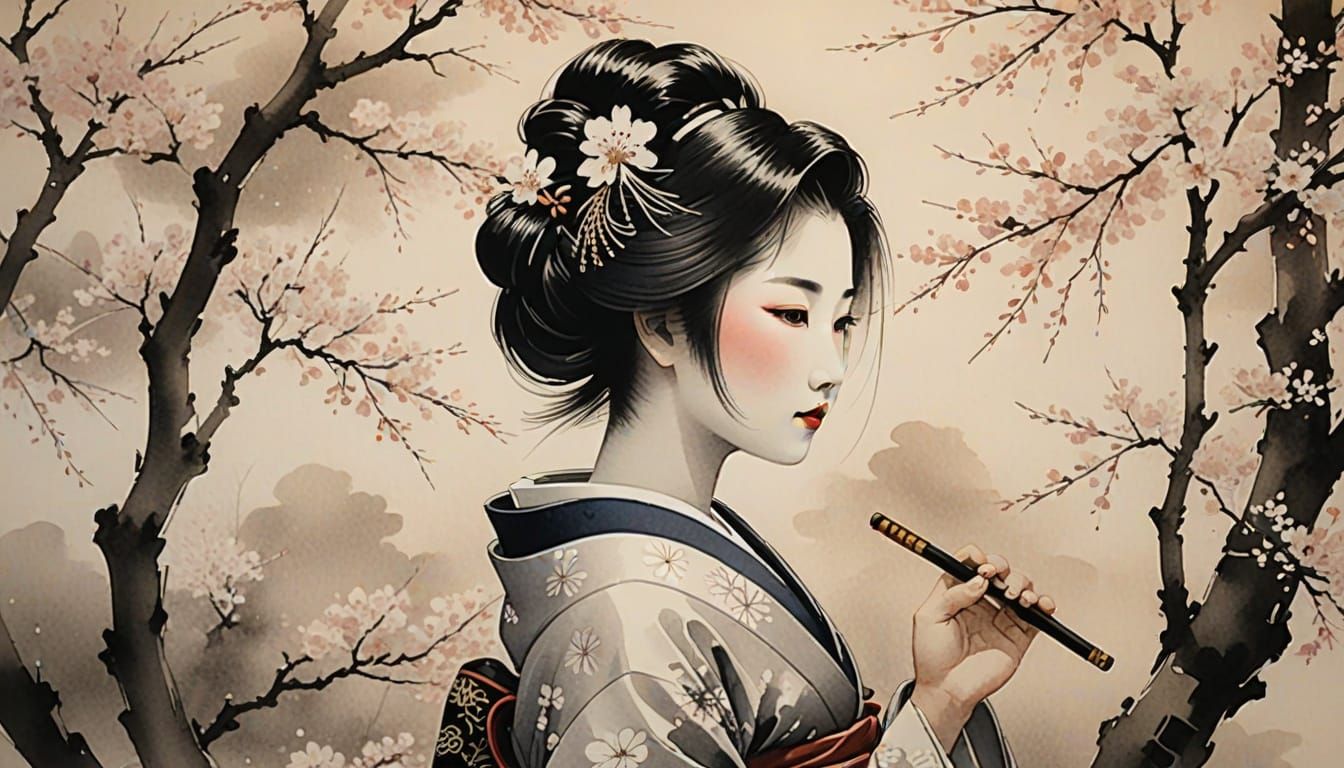 Geisha Calligraphy in Bamboo Garden, Sumi-e Style