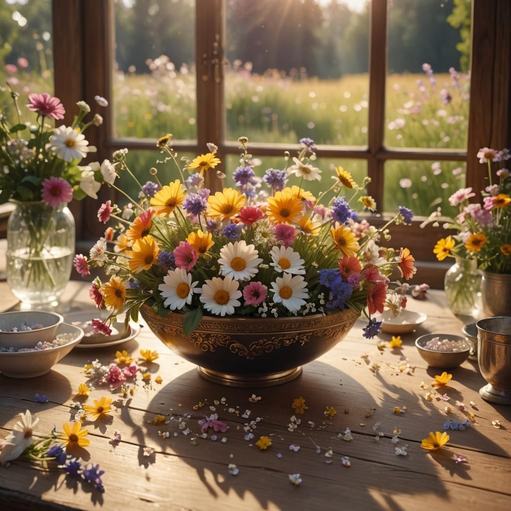 Summer Flowers Still Life in Golden Sunlight