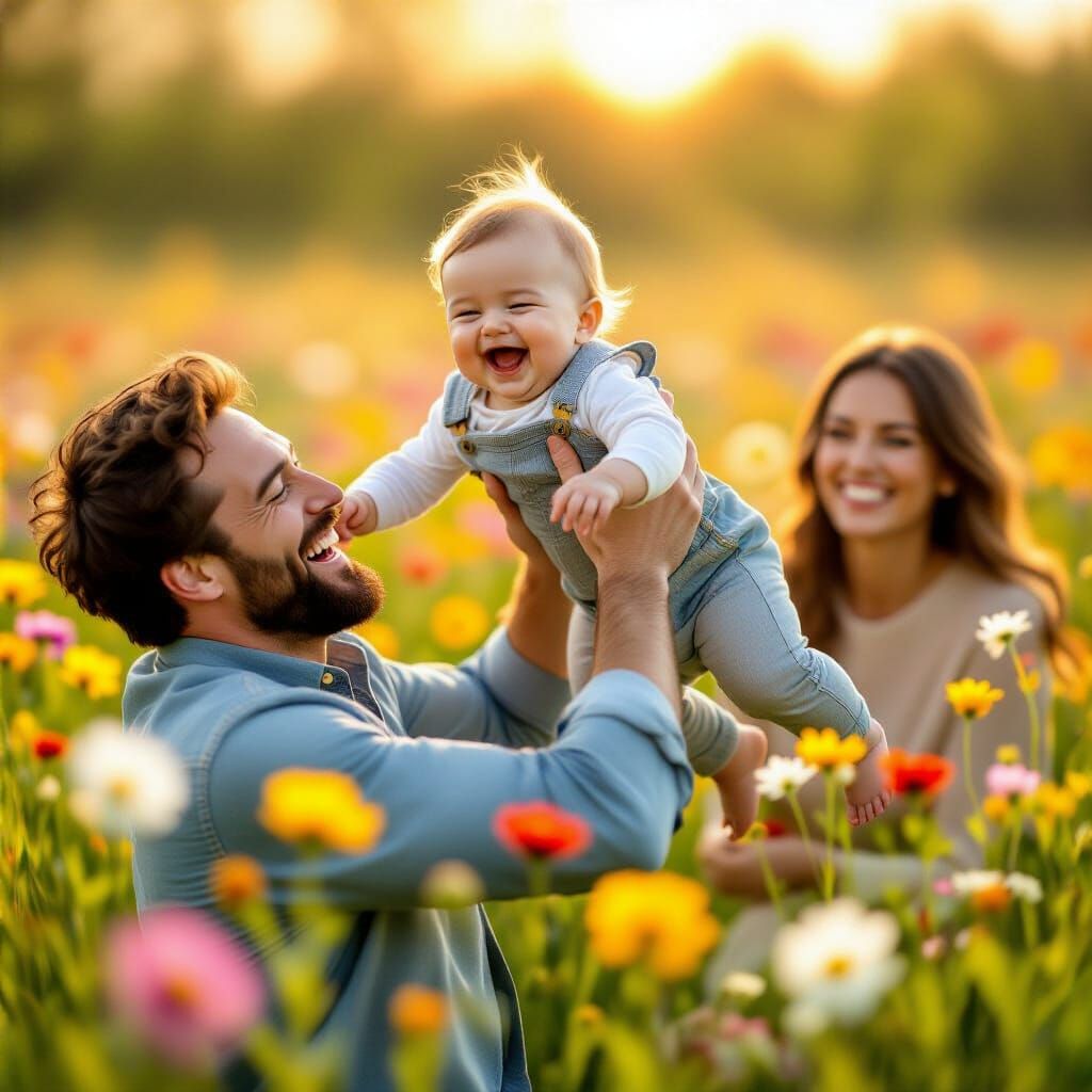 Joyful Family in Spring Field at Golden Hour
