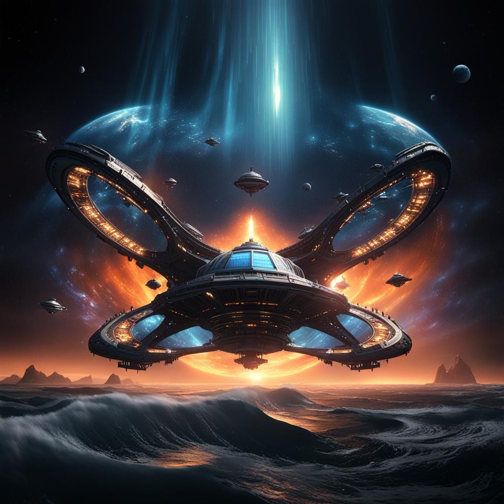 Alien Spaceship Over Rough Sea in 3D