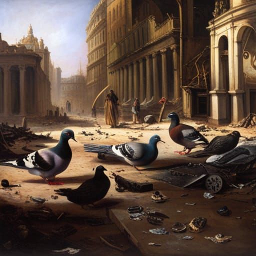 Detailed Pigeons in a Destroyed City