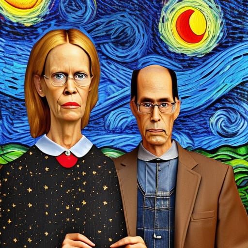 American Gothic in Starry Night Style