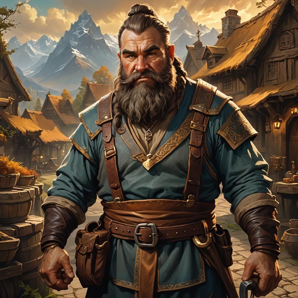 a stout, gruff, muscular dwarf man with a braided beard and ...